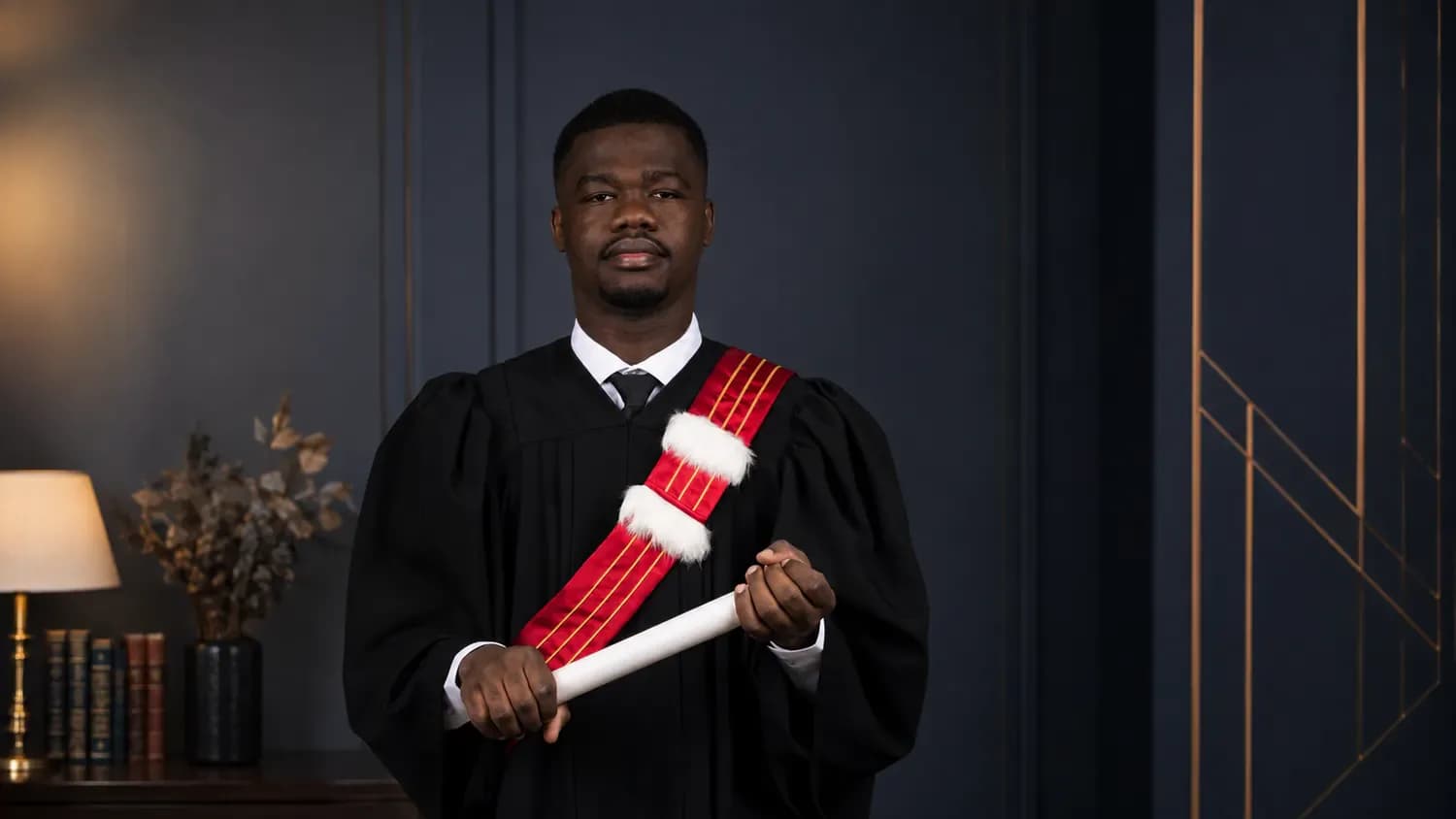 Jacques-Daguerre Valcy en toge de graduation avec étole rouge et or, tenant un diplôme roulé