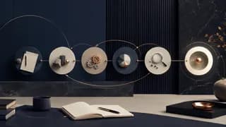 Suite de disques reliés illustrant les étapes d’un cycle de projet : notes, structuration, engrenages, répartition, analyse à la loupe, puis cible atteinte