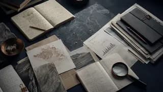 Table de travail vue de haut : carnets manuscrits, cartes, graphiques imprimés et loupe posés côte à côte
